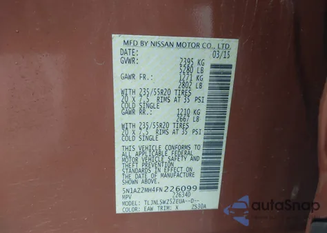 2015 Nissan Murano Platinum from USA, damaged, VIN 5N1AZ2MH4FN226099